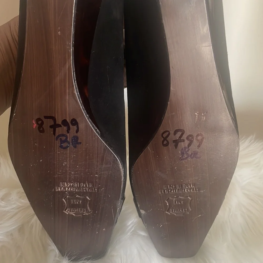 Stuart Weitzman wedge flat brown marble patent and black suede vintage Sz 9M